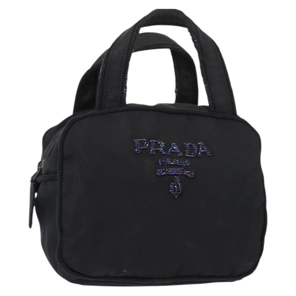 Prada Beads Tote Bag Nylon Black Silver Auth Bs30073